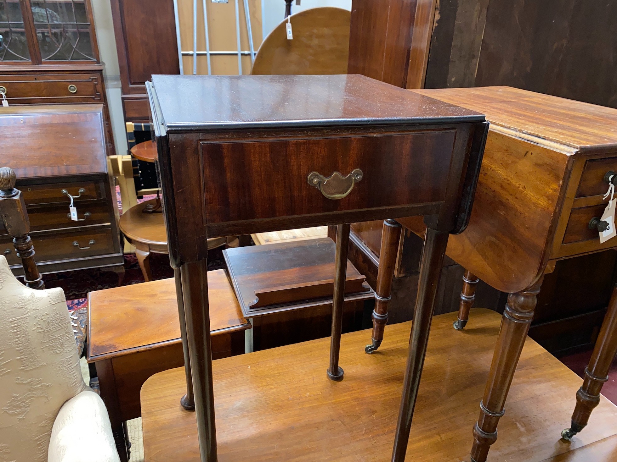 A Regency mahogany drop flap two drawer work table, together with an 18th century style mahogany drop leaf side table, larger width 42cm, depth 40cm, height 76cm
